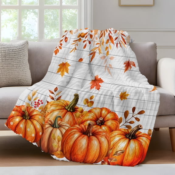 Thanksgiving Fleece Throw Blanket for Couch, Fall Pumpkin Falling Maple Leaf Wood Grain Microfiber Flannel Blanket for All Season, Lightweight Fuzzy Plush Throw Blankets for Gifts, Office, 40"x50"