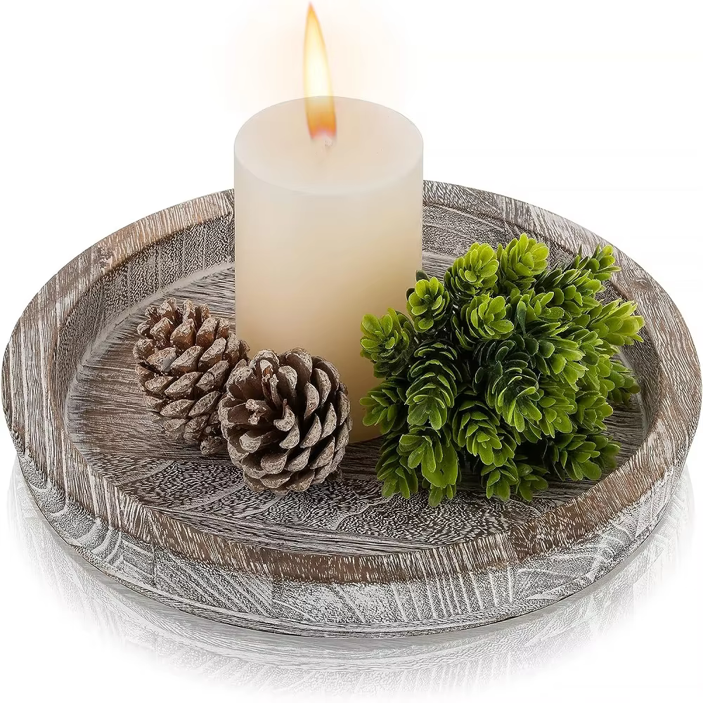 Whitewash, variant on AIGIA Wooden Decorative Candle Plate Small Farmhouse Table Centerpiece Rustic Wood Trays for Wedding Easter Home Decor