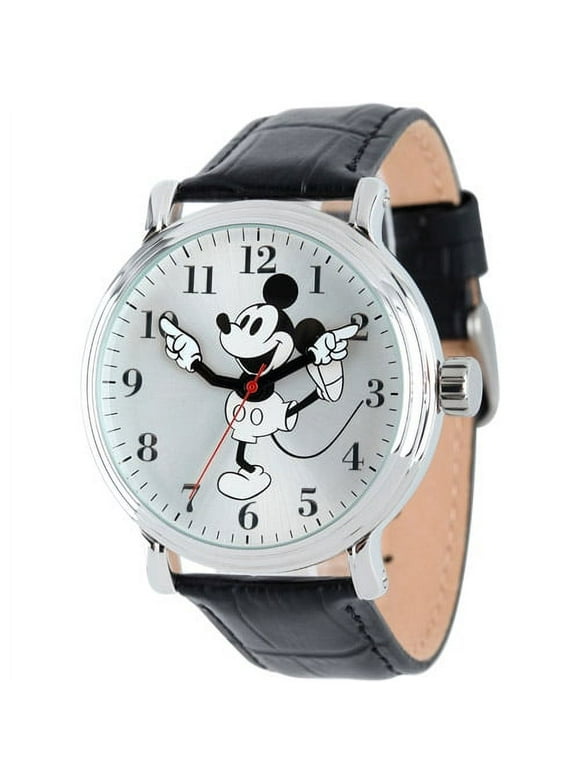 Mickey Mouse Men's Shinny Silver Vintage Articulating Alloy Case Watch, Black Leather Strap