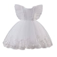 thumbnail image 4 of Ruyang Toddler Baby Tulle Dress Bow Flower Print Pleated Smocked Dresses Elegant Cute Ruffles Sleeve Summer Casual Dresses, 4 of 9