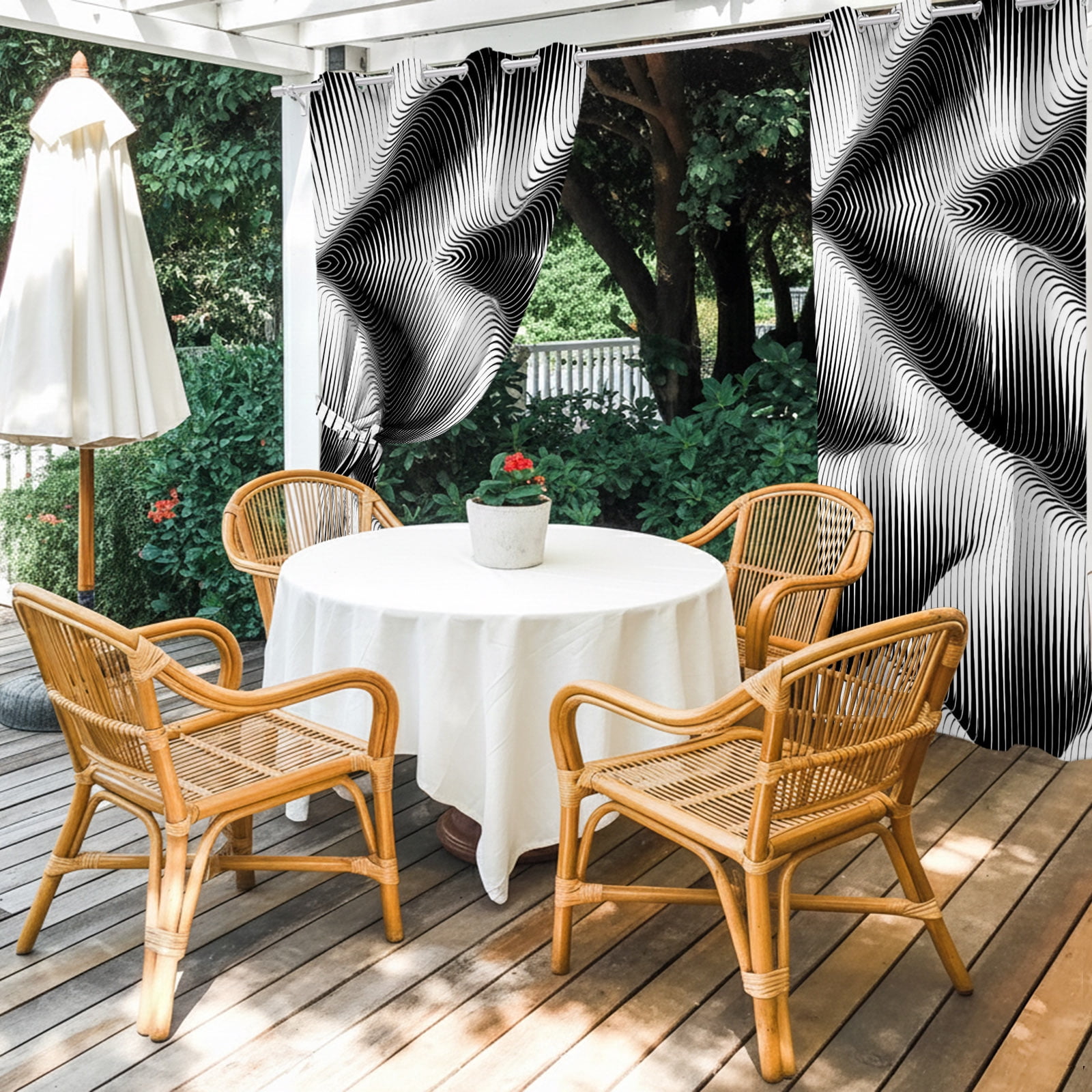 Abstract Hills Outdoor Curtains for Patio, Geometric Modern Curves Black White Sunshade Privacy Drapes Grommet Waterproof Outside Curtains for Porch/Cabana/Balcony 54"x 108", 1 Panel