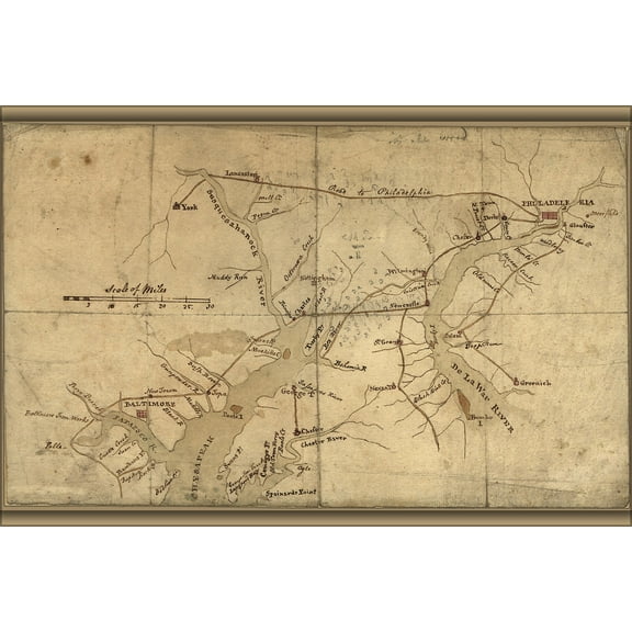 24"x36" Gallery Poster, Map of Delaware River & Chesapeake Bay area 1776