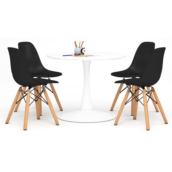 Modholic Kids Tulip Table & Set Of 4 Wood Leg Chairs, Black