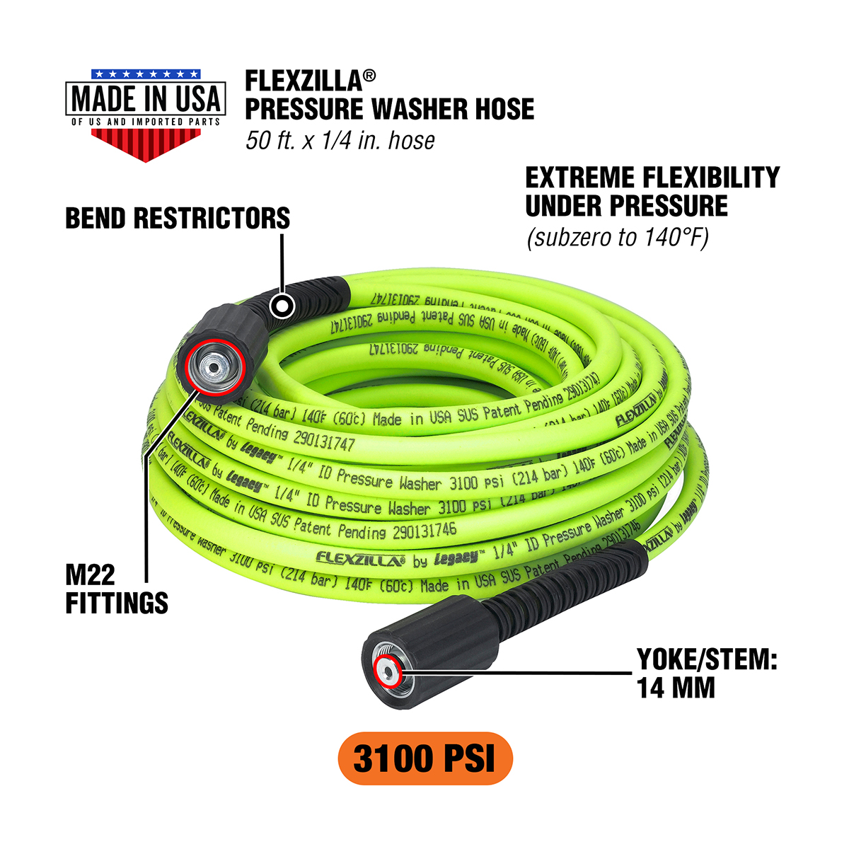 Flexzilla® Pressure Washer Hose, 1/4" x 50’, 3100 PSI, M22 Fittings