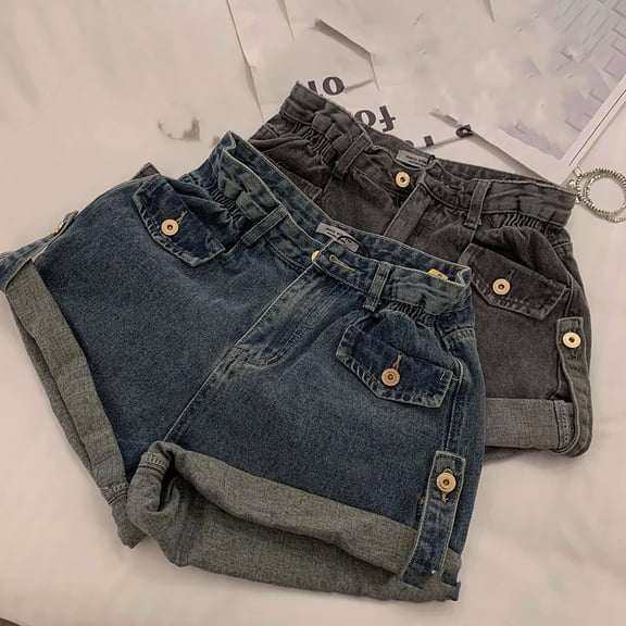 RongHuan Womens Denim Shorts High Waisted Short Jeans Elastic Waisted Straight Solid Color Shorts