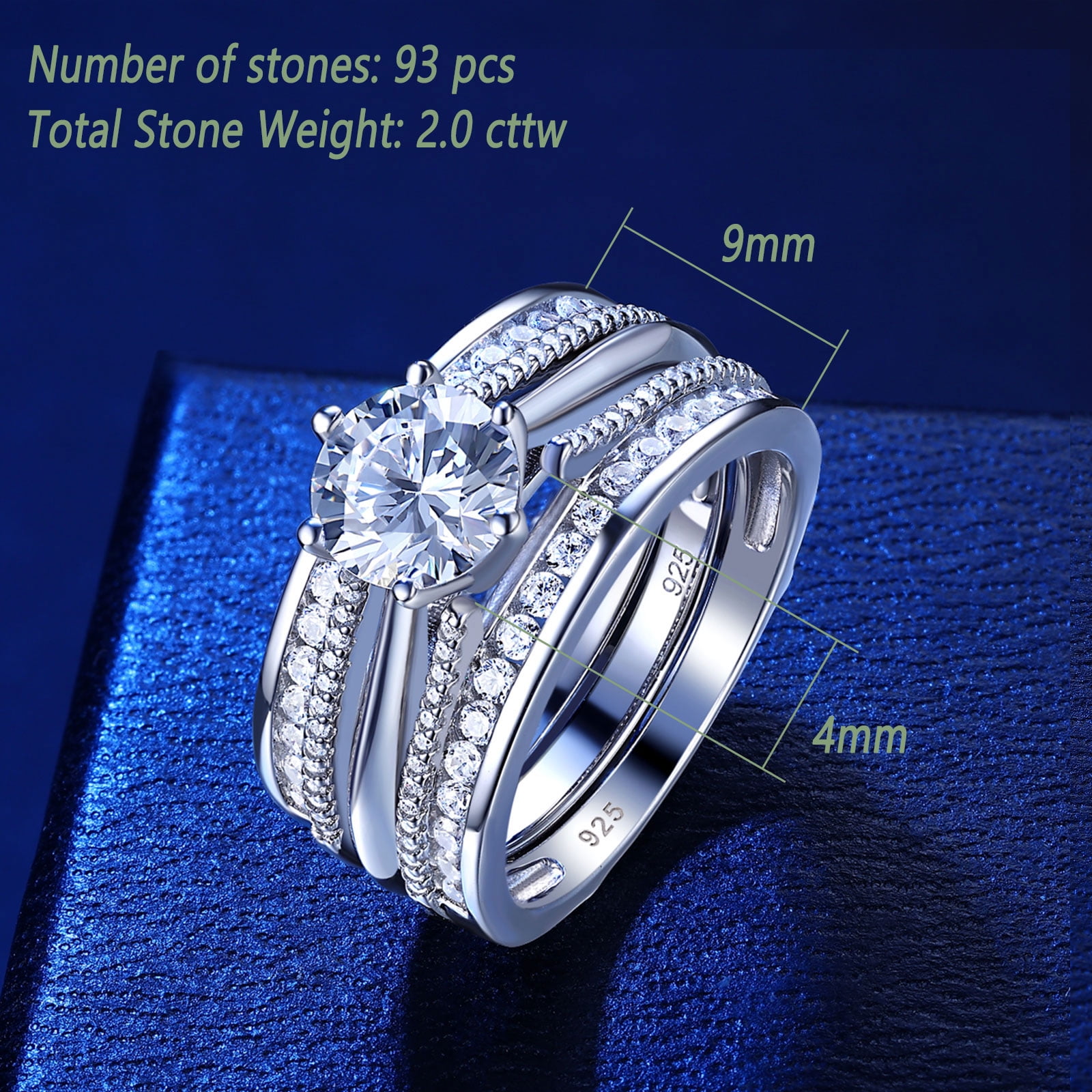 Newshe Jewellery Wedding Engagement Ring for Women 2CT AAAAA CZ Bridal Sets Wedding Band Ring Enhancer Round Cut 925 Sterling Silver Size 8