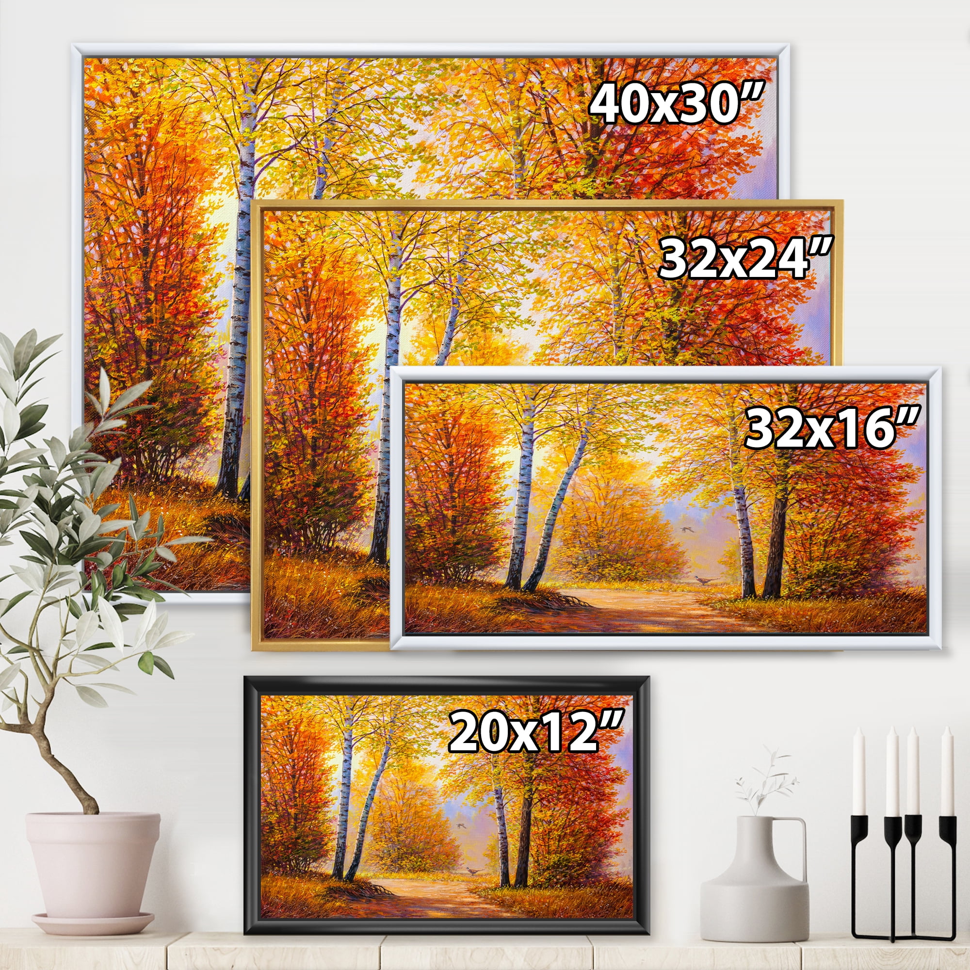 Sunrise Glow Through The Autumn Trees 32 in x 24 in Framed Painting Canvas Art Print, by Designart
