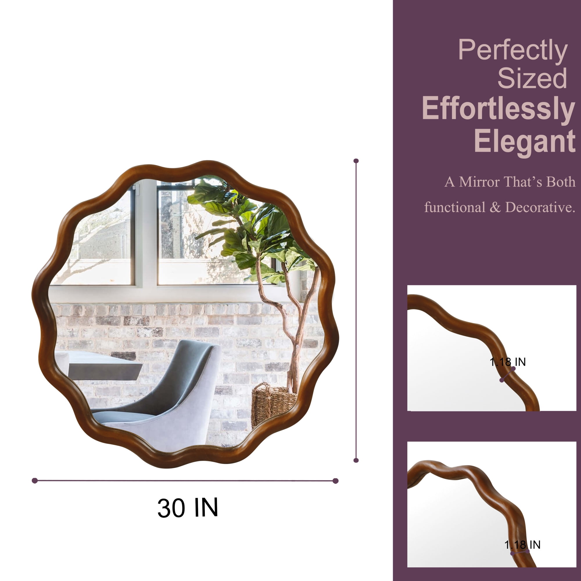 Leumius 30" Wavy Round Mirror, Solid Wood Frame Decorative Mirror for Bedroom Bathroom Living Room Entryway Dark Walnut