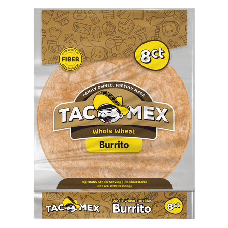 TacoMex Whole Wheat Burrito Tortillas, 8 Count, 19.19 oz
