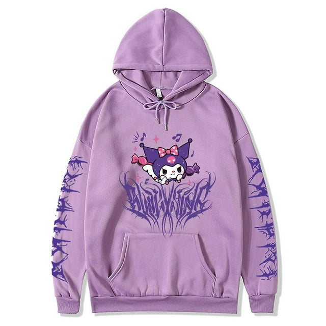 Dibujos animados Kuromi Impreso Sudadera con capucha Manga larga Bolsillo frontal Casual Sudadera con capucha Tops para mujeres