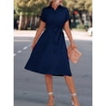thumbnail image 6 of Women'S Collar Neck Button Down Tie Waist Short Sleeve A Line Midi Shirt Dress Dark Blue L, 6 of 10