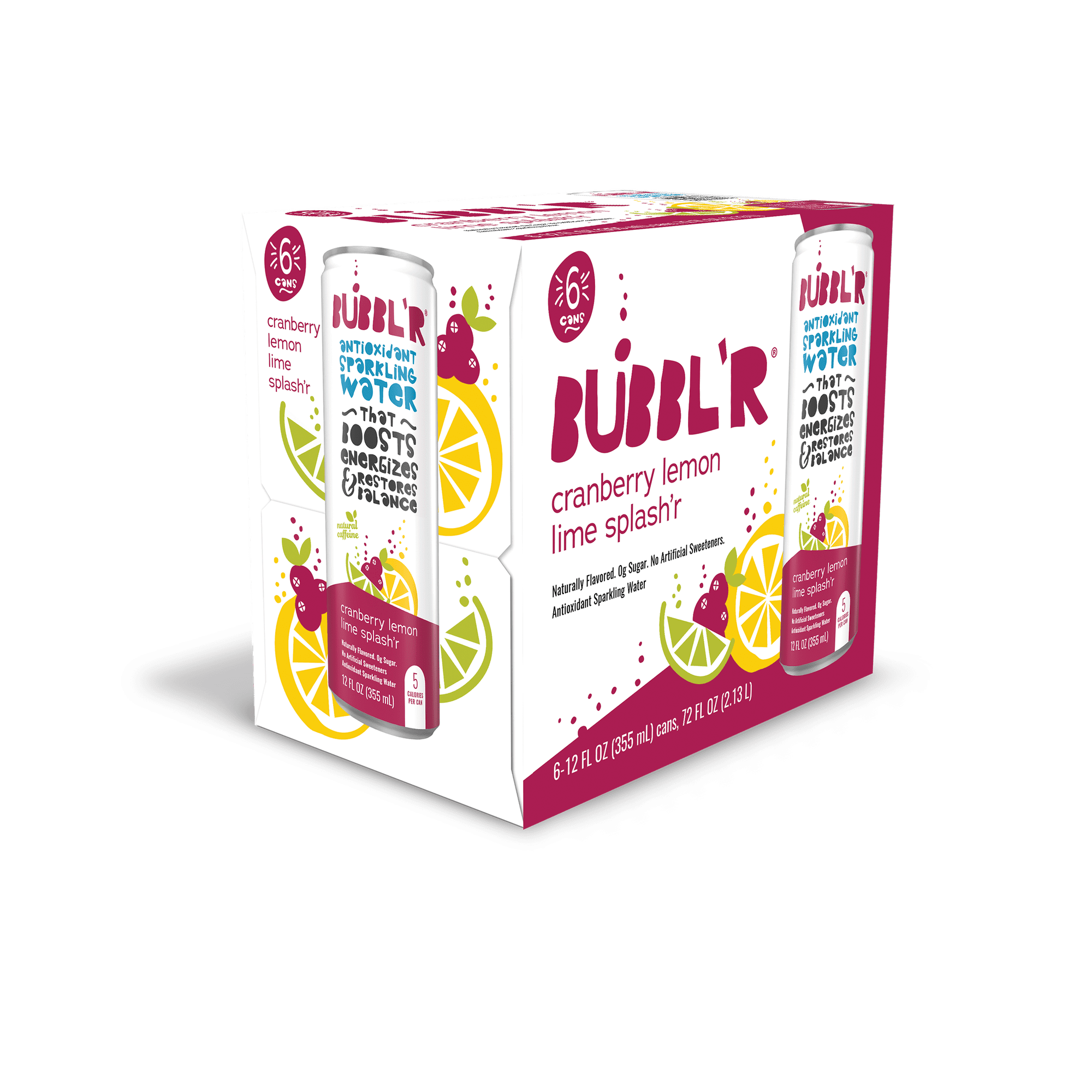 BUBBL'R Antioxidant Sparkling Water, Cranberry Lemon Lime Splash'r, 12 fl oz, 6 Pack Cans