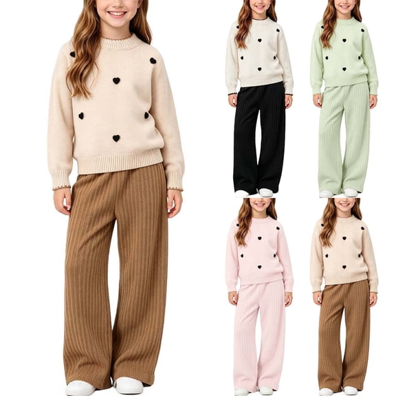 ITSAME Outfit Sets for Girls Crewneck Knit Sweater & Pants Set 2Pcs Fall Winter Comfy Casual Clothes Green Size 7