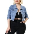thumbnail image 1 of GRACE & GRANDEUR Juniors Plus Size Jean Button Outfits Fashion Cropped Denim Jackets, 1 of 6