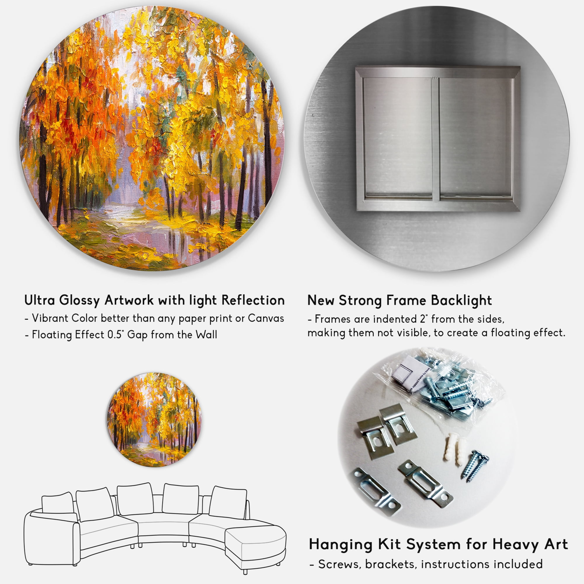 Designart 'Forest Full Of Fallen Leaves In Autumn Along River' Lake House Circle Metal Wall Art 36x36 - Disc of 36