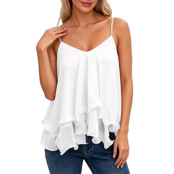 Wang6 Womens Spaghetti Strap Camisole Trendy Sleeveless Loose Tank Tops Summer Ruffle Hem Double Layer Going out Cami Tops Tees Shirts 0511liWhite XL