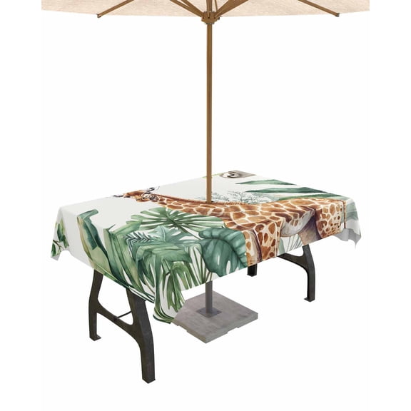 Hokiten Outdoor Tablecloths with Umbrella Hole & Zipper, Tropical Giraffe Sloth Tablecloth Rectangle 60x84 Inch, Watercolor Summer Palm Leaf Waterproof Table Cloth, Patio/Pool/Picnic Table Covers