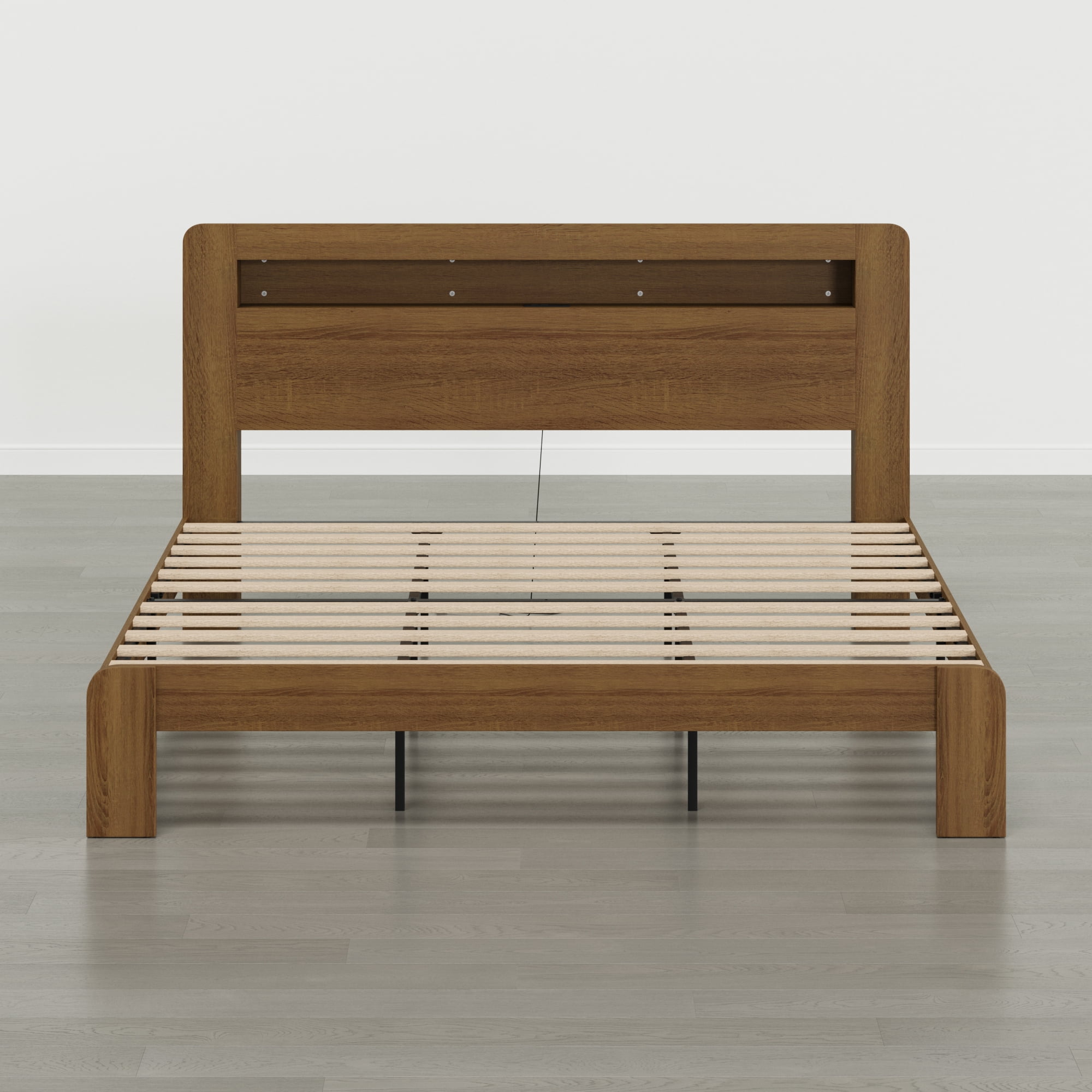 Spruce & Spring Modern Wood Queen Bed Frame with LED Lights, Storage Headboard & Charging Station, Noise-Free, No Box Spring Required, Easy Assembly, Walnut