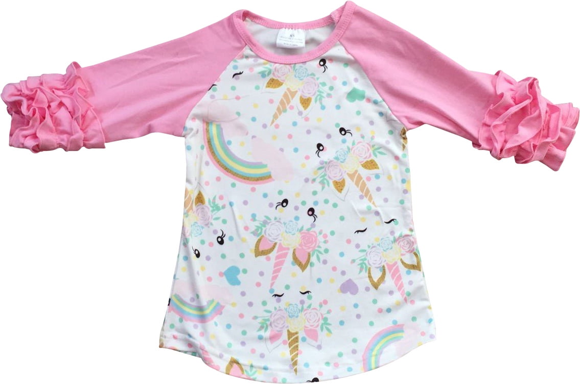 Little Girl Kids Unicorn Ruffle Sleeve Raglan Cotton Shirt Top Tee T