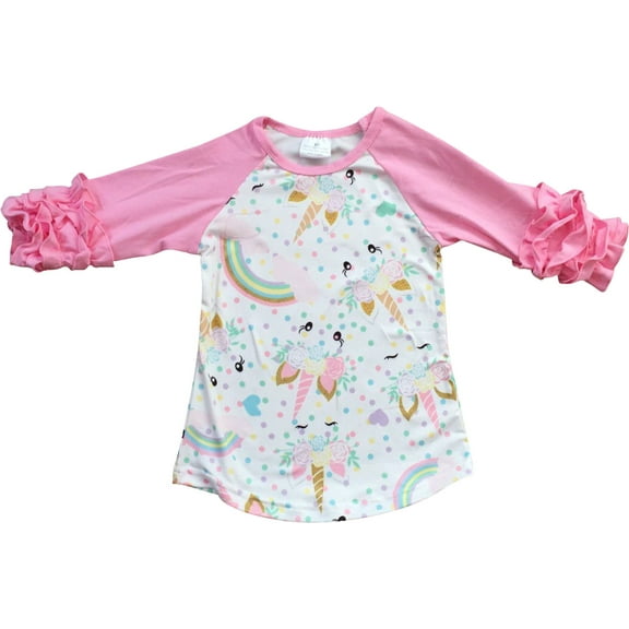Little Girl Kids Unicorn Ruffle Sleeve Raglan Cotton Shirt Top Tee T-Shirt Pink 3T S (317810)