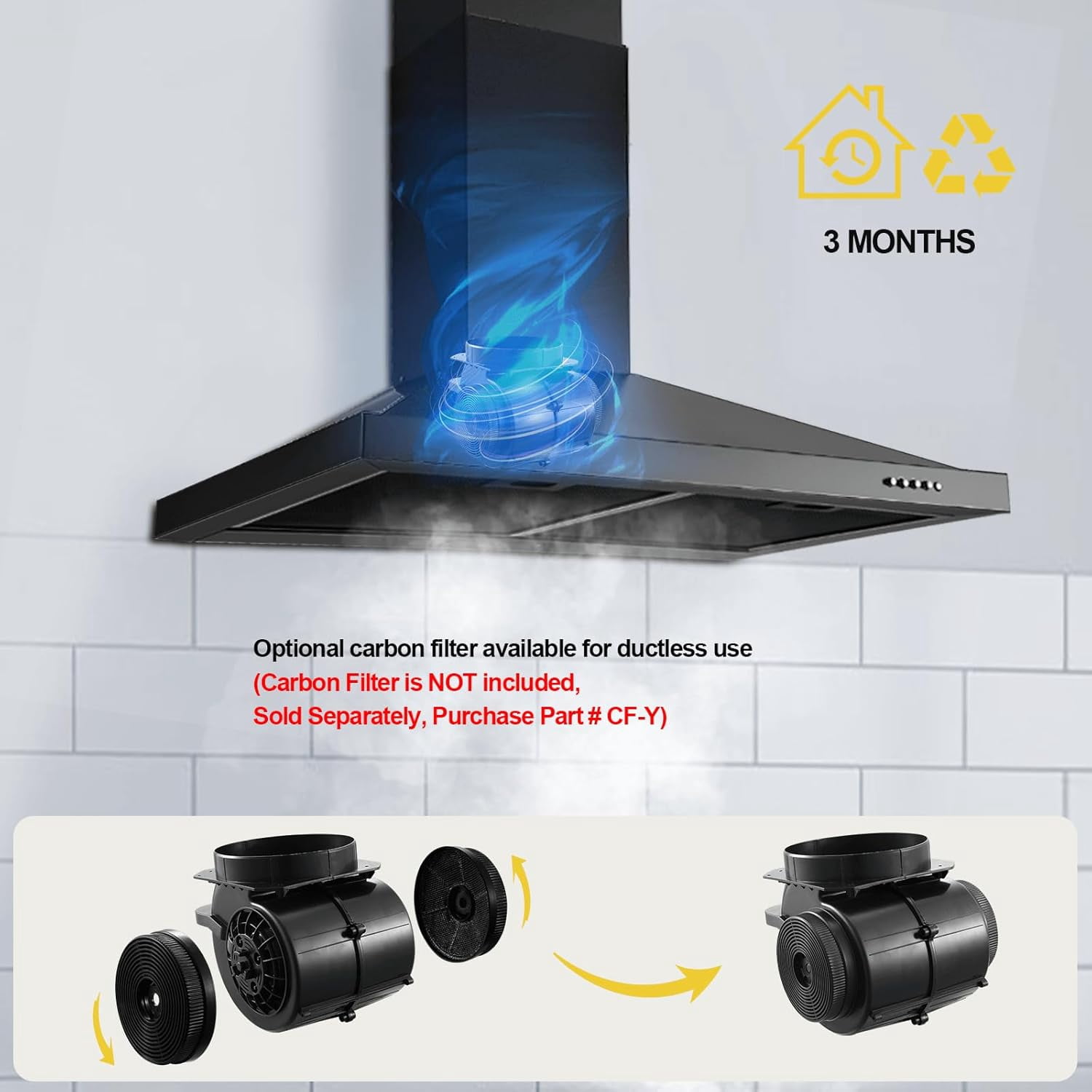 30 inch Wall Mount Range Hood 450 CFM with Ducted/Ductless Convertible Duct Stainless Steel Chimney-Style Over Stove Vent Hood with LED Light 3 Speed Exhaust Fan Black Hood Vents for Kitchen