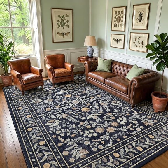 5x7 Area Rug for Living Room Washable Non-Slip Low-Pile Floral Black