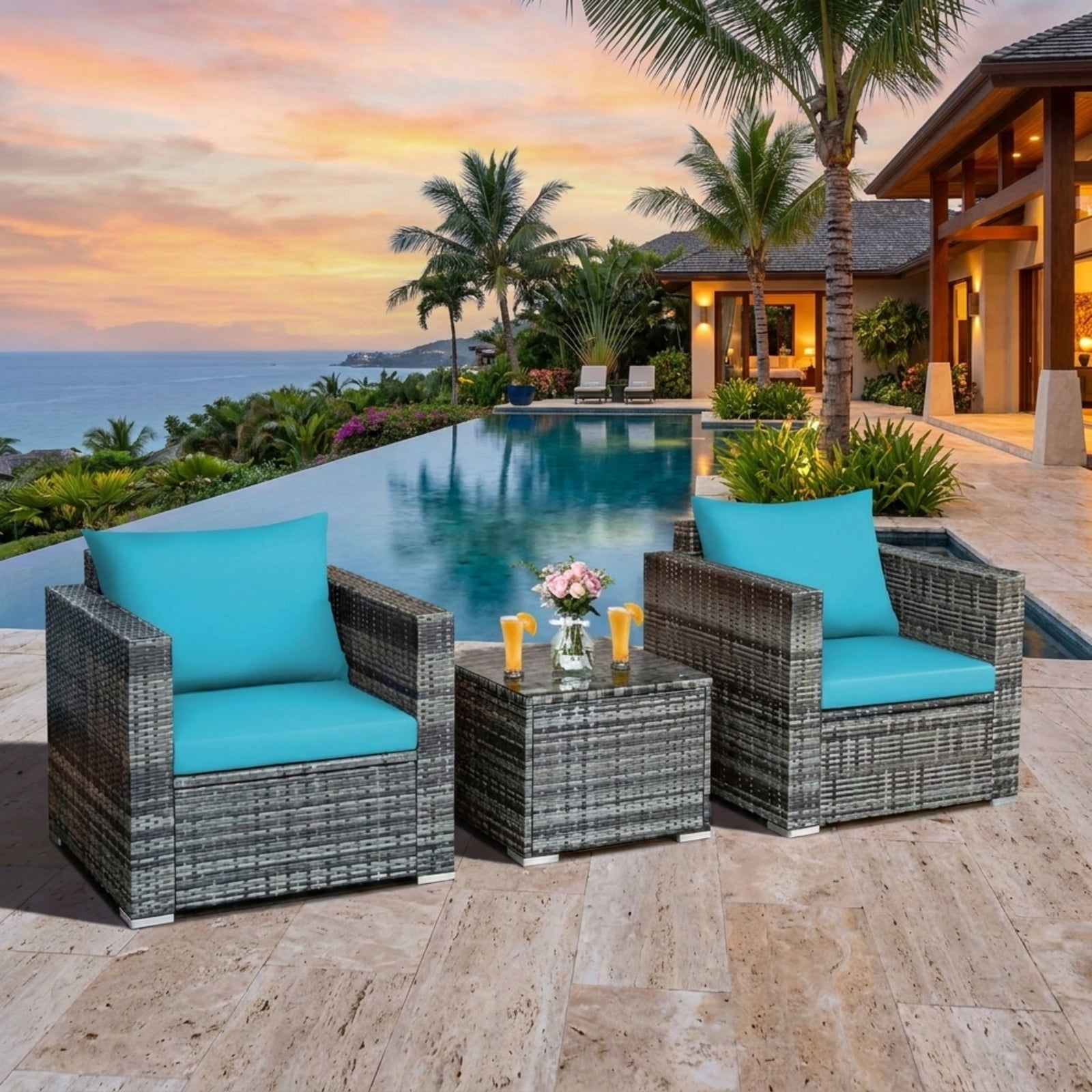 Furnibear 3 Pieces Patio Rattan Furniture Bistro Sofa Set Outdoor Conversation Set with Cushioned Chairs and Glass Table, Mix Gray