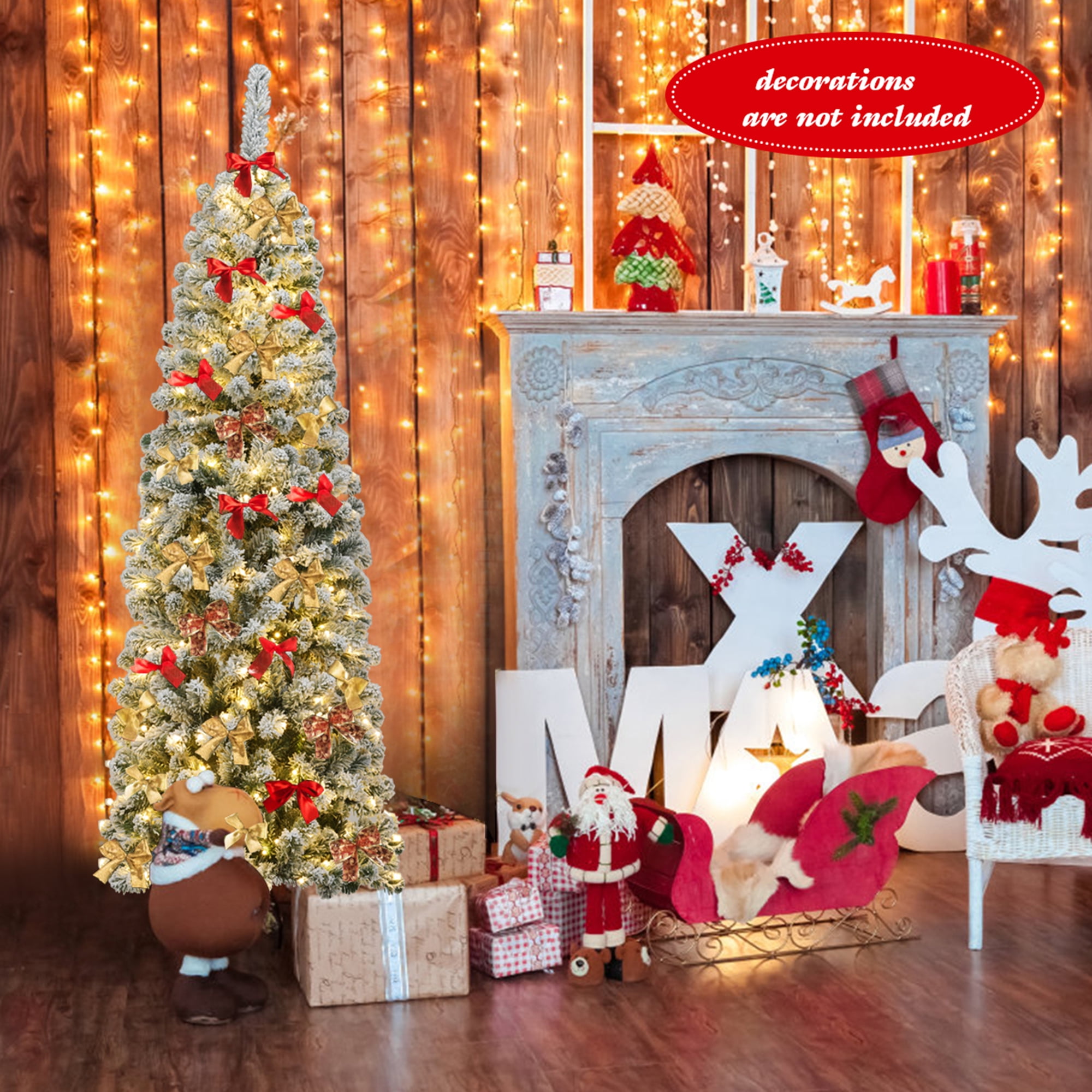 Gymax 6ft Pre-lit Pencil Snow Flocked Pencil Christmas Tree Holiday Decoration