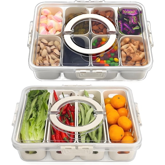 Snackle Box Container, Divided Serving Tray with Lid and Handle,8 Compartments Snacks Box,Snack Fruit Tray,Veggie Tray,Portable Platter for Candy Fruits Nuts Snack Party Entertaining Picnic Travel