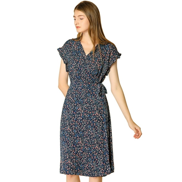 Vestido A Media Pierna Con Cuello En V Y Manga Flutter Boho Para Mujer Azul S