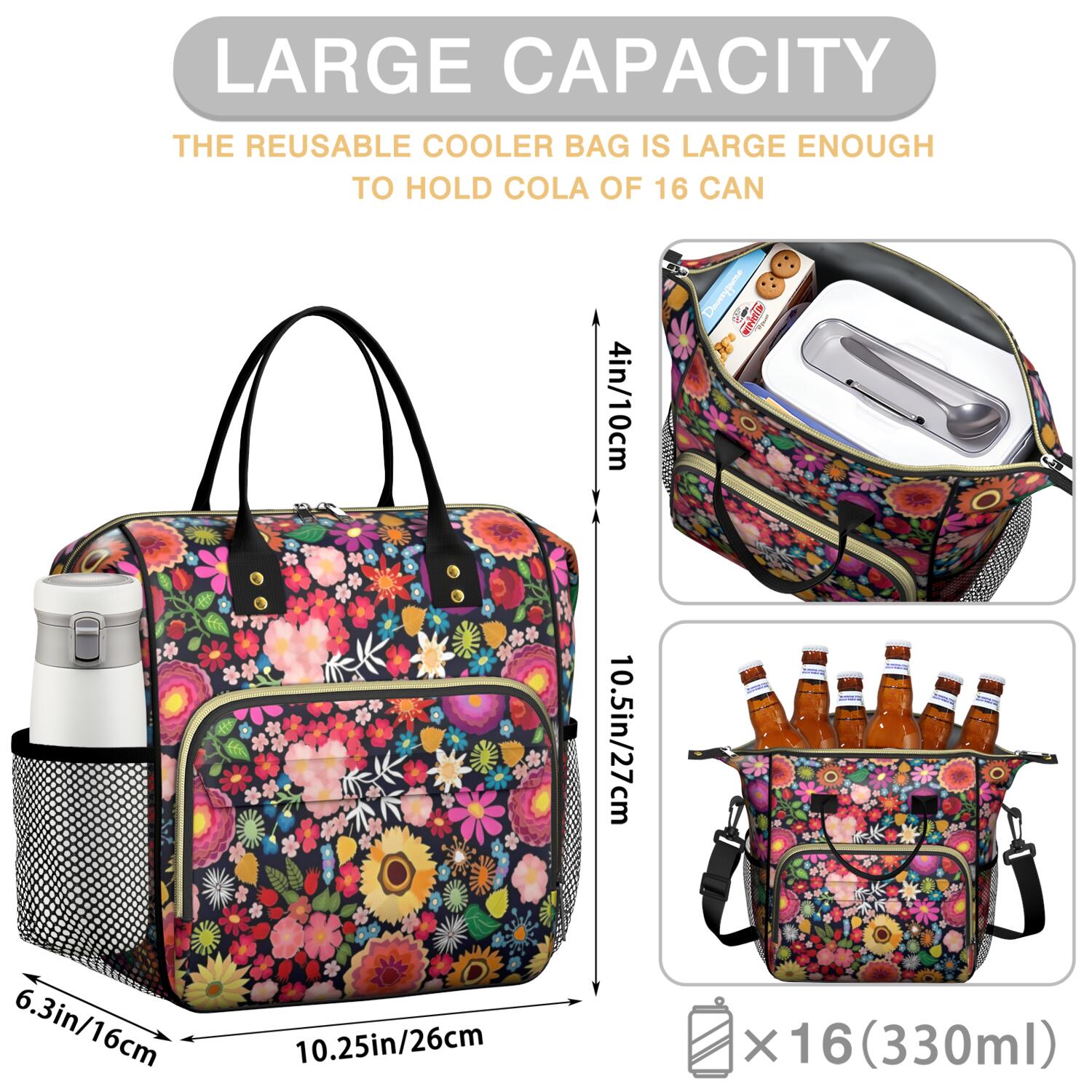 Pioneer Flower Floral Print Pattern Womens Lunch Box for Work,Insulated Large Lunch Bag for Tween and Teen,Loncheras Para Mujer,Leakproof Adult Lunch Bag for Work,Beach,Travel,Picnic,Camping