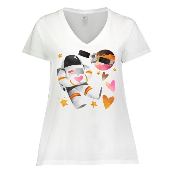 Inktastic Astronaut Valentine Outer Space Hearts Women's Plus Size V-Neck T-Shirt