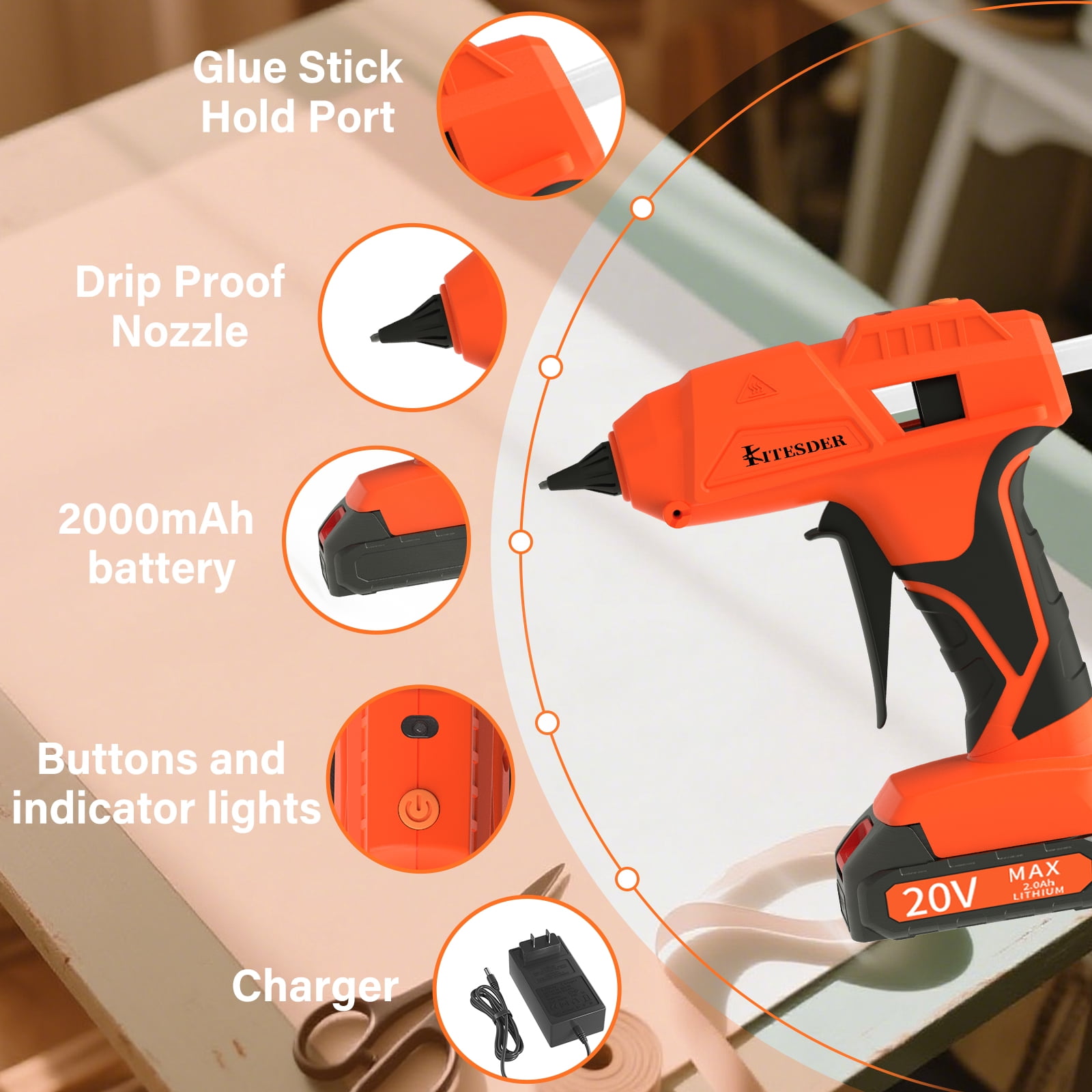 KITESDER 20V Cordless Hot Glue Gun with Fine Tips for Detailed Crafting and DIY Projects,Includes 2.0 Ah Battery & Charger and 30 Pcs Glue Sticks.