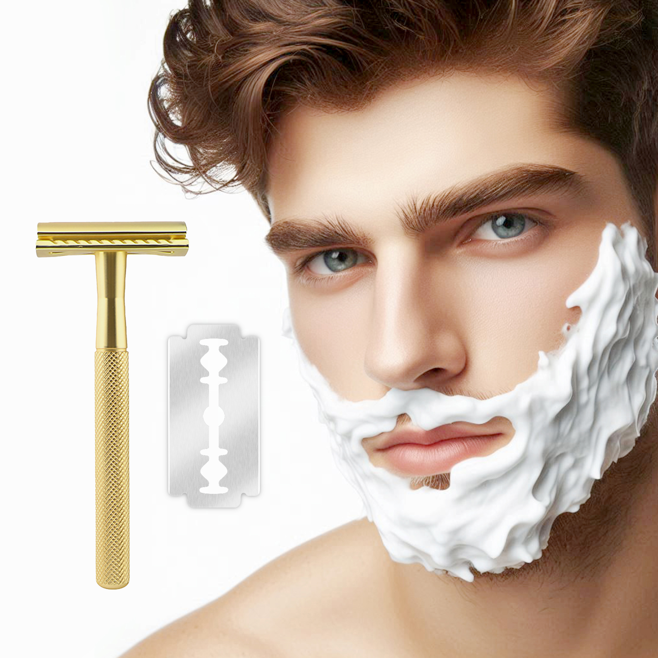 Waysh Elegant Wet Shave Weighted Handle Razor Kit with Matching Stand, Gold