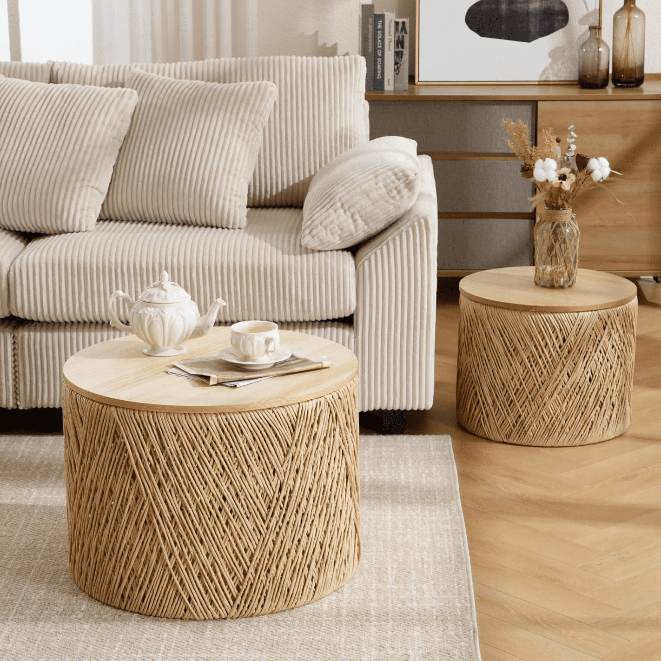 Guyou Nesting Tables Round Natural Wood Drum Coffee Tables with Storage for Living Room Bedroom Small Space, No Assembly Required, Log(Set of 2)