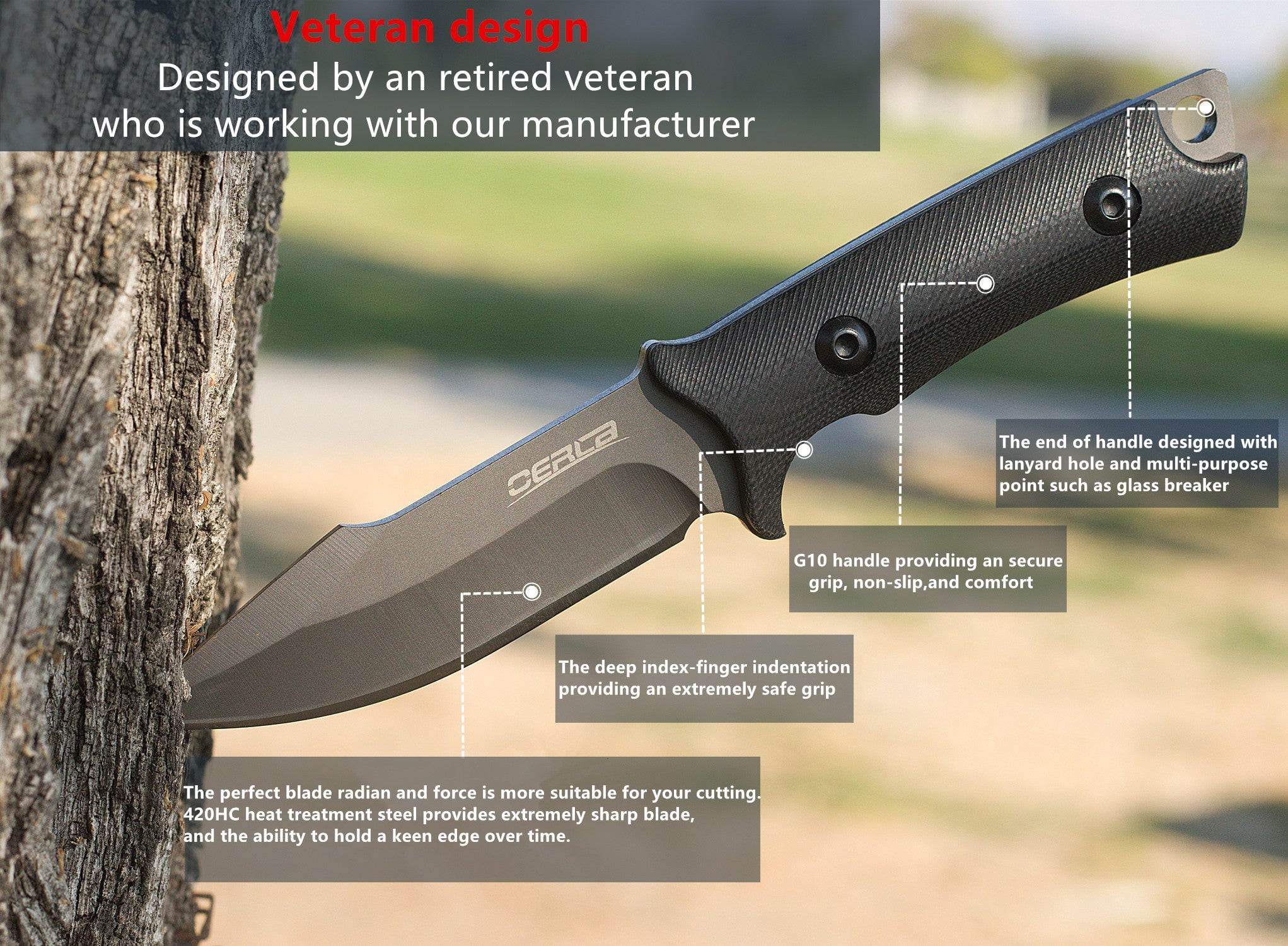 Oerla OLF-1009 Tactical Fixed Blade Knife 3.8 inch Blade with Black G10 Handle