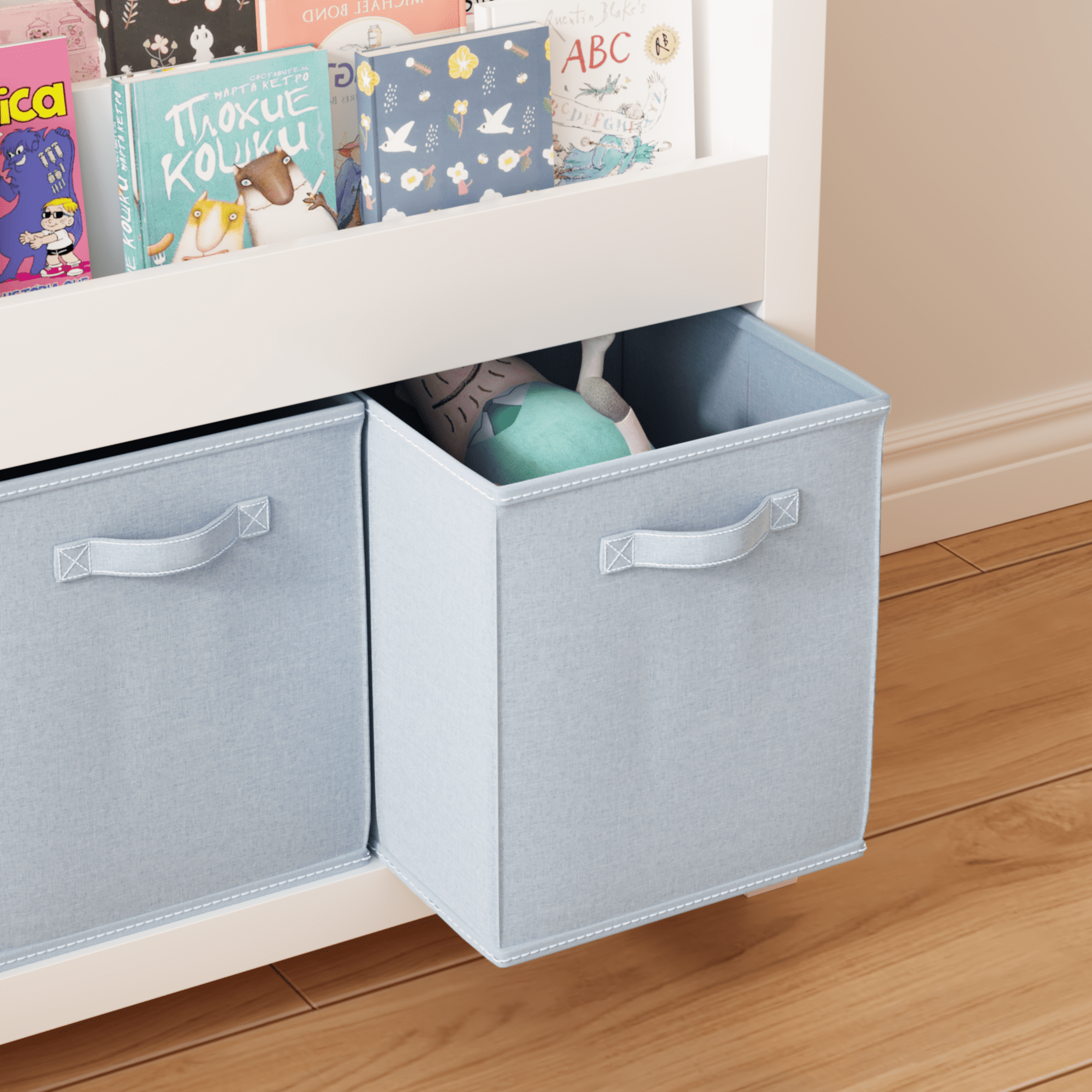 Yoneston Kids Bookshelf with 3 Fabric Storage Bins & 3 Tier Shelves, Wooden Book Rack with Solid Legs for Playroom Nursery Bedroom, White & Blue