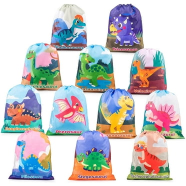 Mocoosy 12 Pack Dinosaur Party Favor Drawstring Bags for Kids Birthday, Mutilcolor Dinosaur Goodie Candy Treat Gift Bags for Boy Girls Shower Supplies