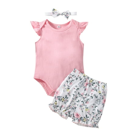 

Livingsenburg 3Pcs Toddler Infant Baby Girls Clothes Ruffle Romper Flower Printed Shorts Outfit Summer Set