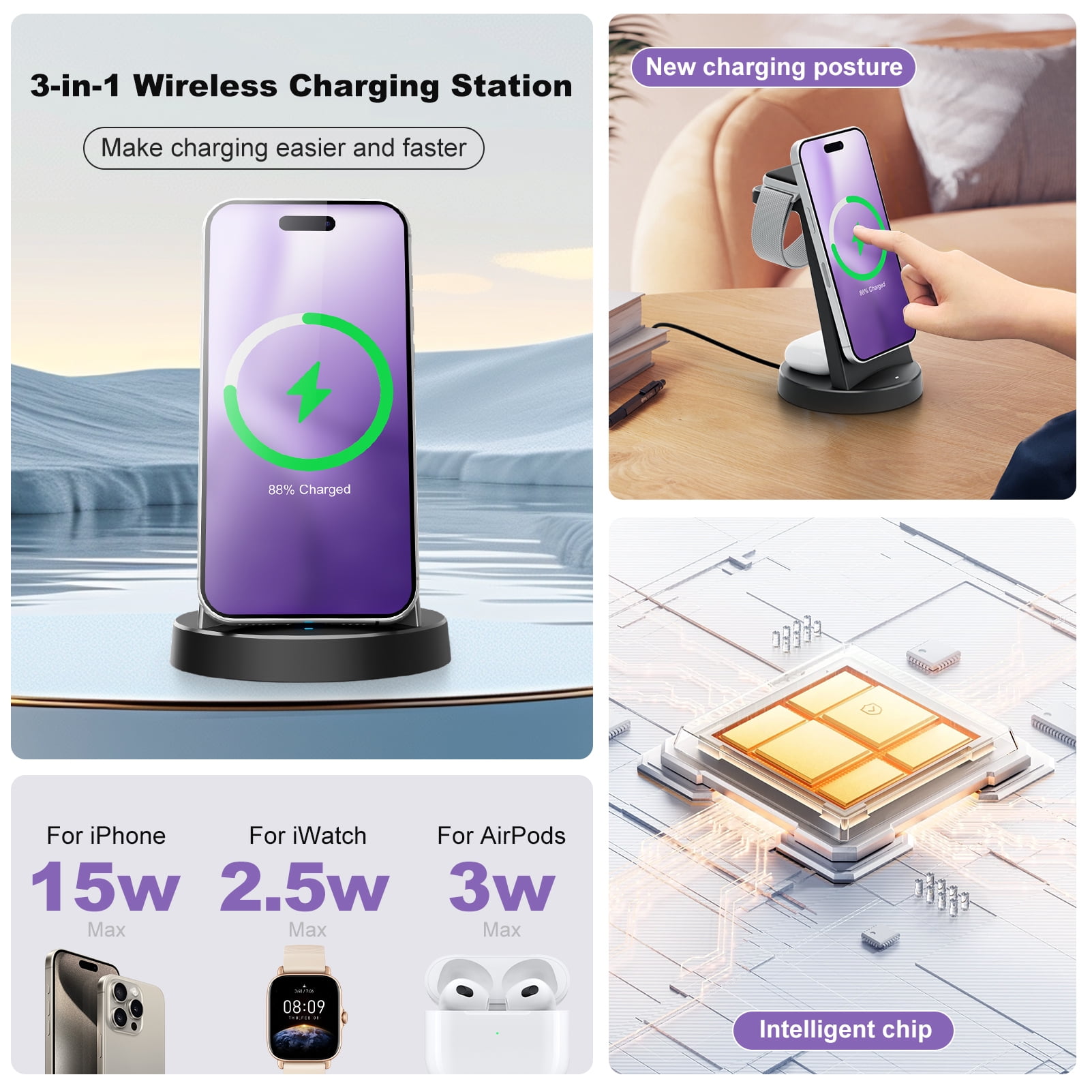 Charging Station, 15W Wireless Charger for iPhone 17 16 15 14 13 12 Pro X Max XR, Compatible with AirPods iWatch,3 in 1 Magnetic Stand