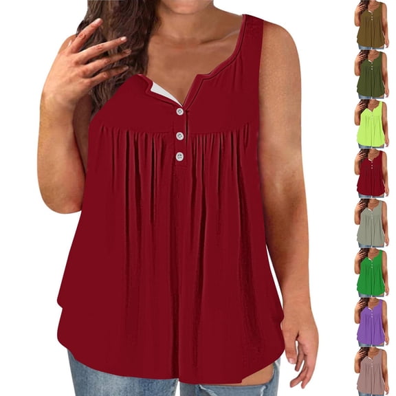 YHAJDS Tank Tops for Women Basic Undershirt Tanks Solid Color Button Detail Pleated Sleeveless Casual Blouse