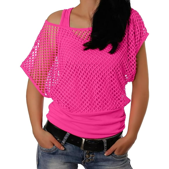 Bjutir Womens Tops T-Shirts Women 80S T Shirts Neon Fishnet Mesh Top Off Shoulder Tops For Women