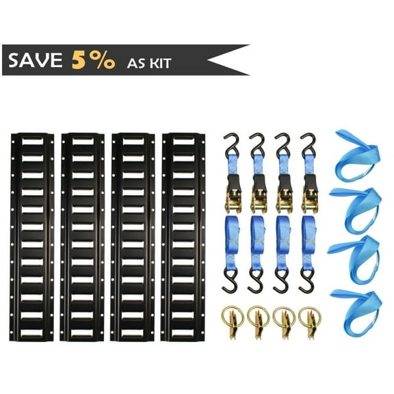 """Motorcycle Kit, 15' Ratchet Tie Down Straps, 2' E-Track Rails, Soft Loops, O Rings, Cargo Accessory Securing Motorcycles, Dirt Bikes, Kayaks, Atvs, Utvs"""