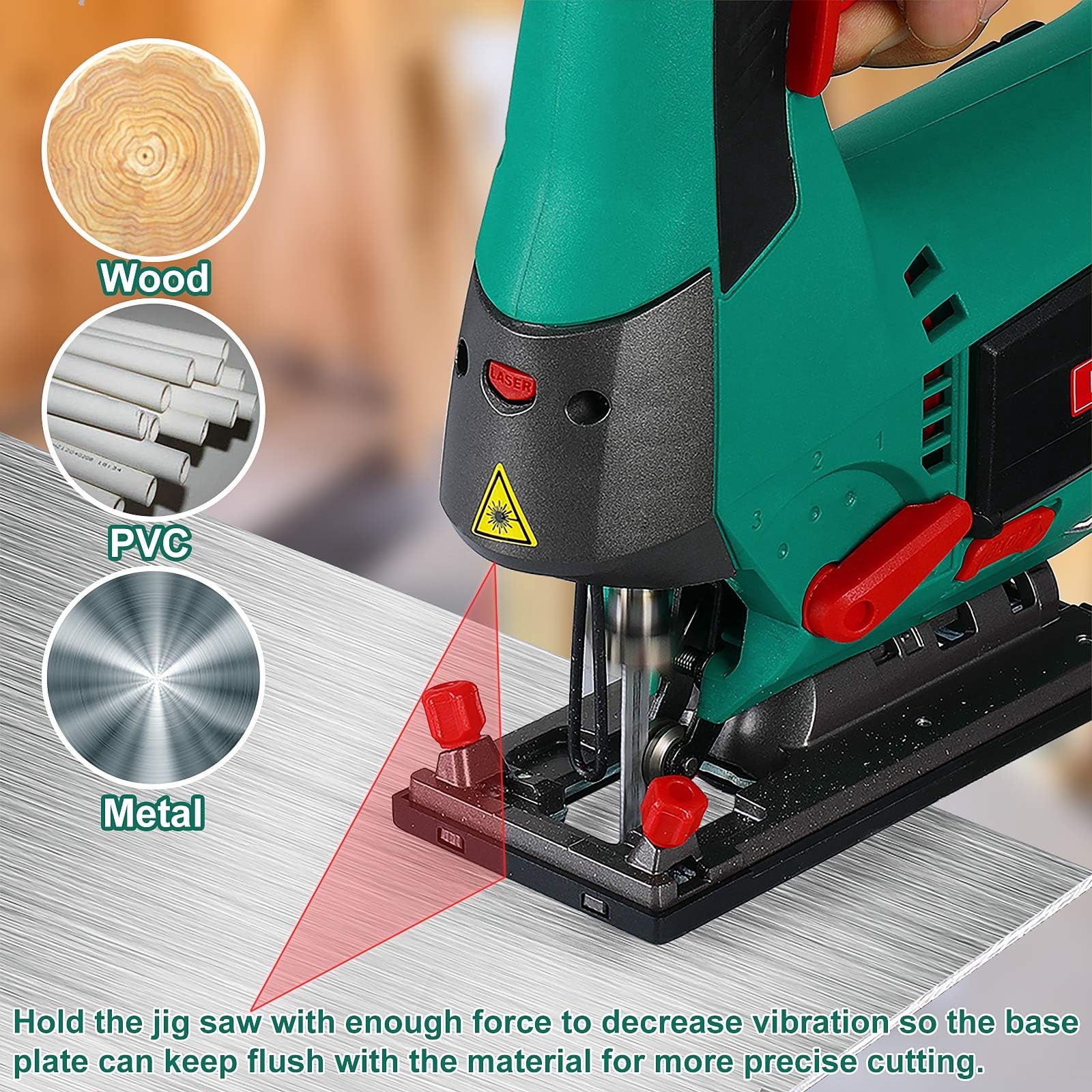 HYCHIKA Jigsaw, 6.7A Jig Saw 800-3000SPM with 6 Variable Speeds, 4 Orbital Sets, Bevel Angle 45°, 6PCS Blades, Pure Copper Motor, Laser Guide, Wood Metal Plastic Cutting
