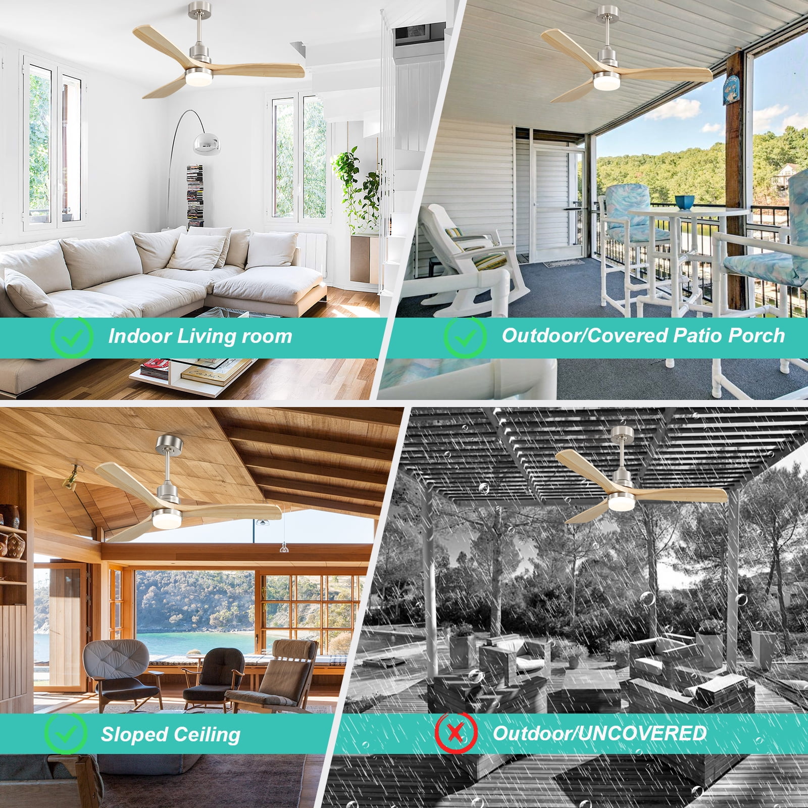 Sofucor 52" Ceiling Fan with Light and Remote, 3 Reversible Burlywood Blades, Nickel Finish"