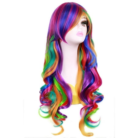 70CM Rainbow Color Long Curly Wigs Fancy Hair Style for Women