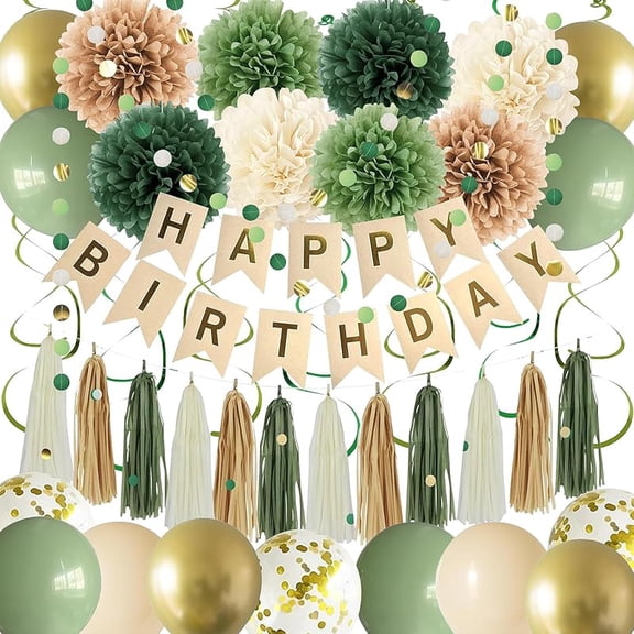 Green Birthday Party Decorations for Women Girls with Happy Birthday Banner,Tissue Paper Pompoms, Paper Tassel,Circle Garland,Hanging Swirl,Decorations Balloons for Party Decor (sage green)