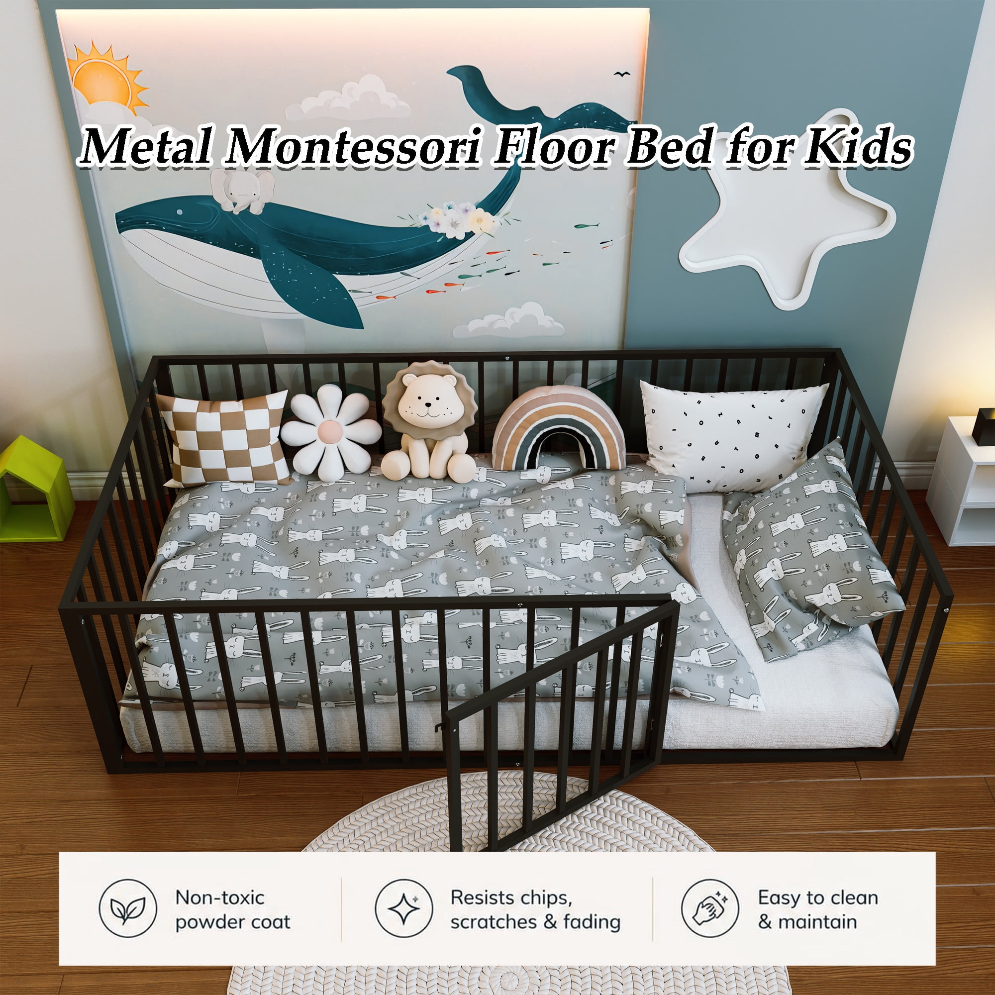 Howcool Twin Size Montessori Floor Bed with Rails and Door,Heavy Duty Metal Low-Profile Frame,Black