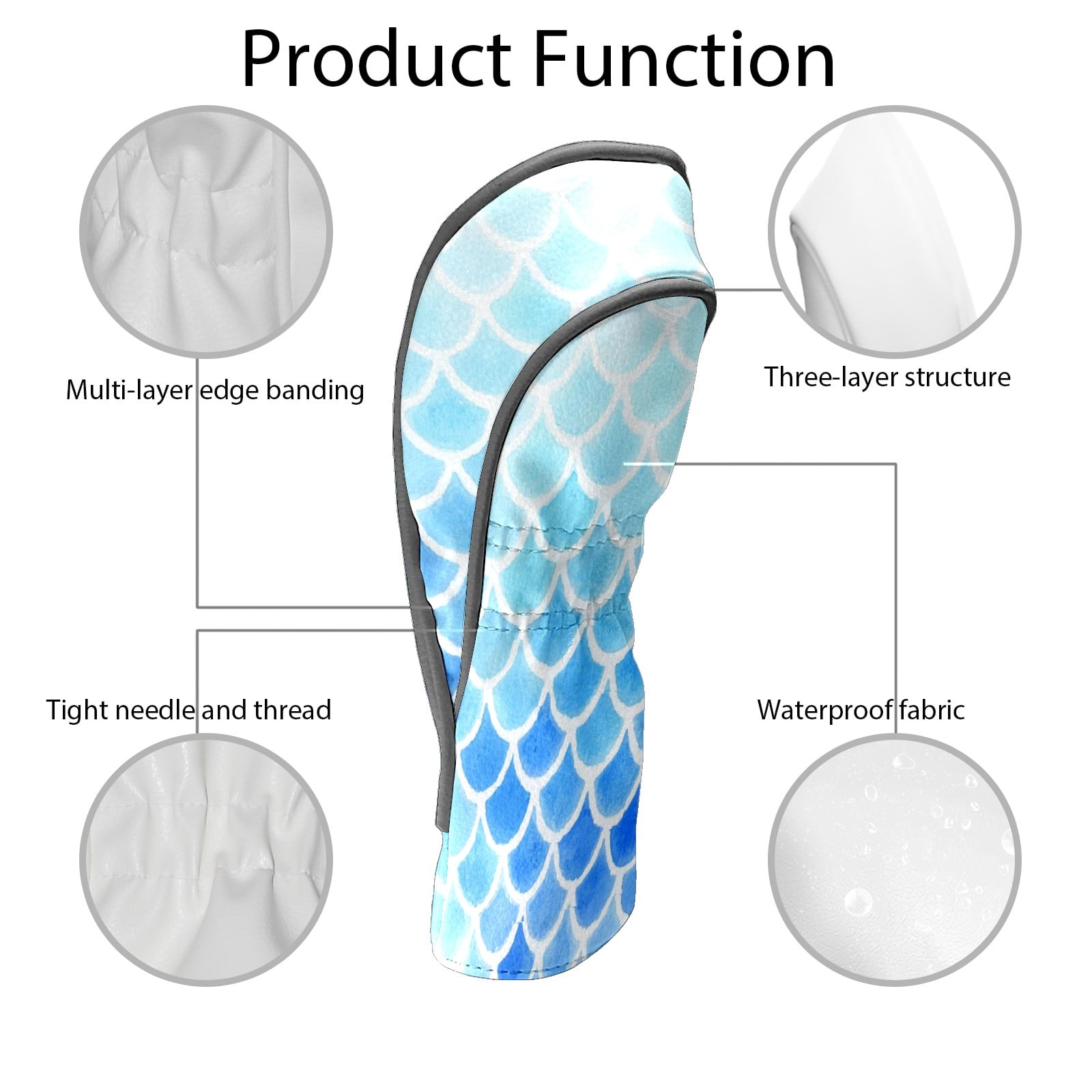Golf Club Covers, Blue Mermaid Scales Premium PU Leather Driver Hybrid Putter Head Covers with Velvet Lining, Waterproof Golf Gifts for Men Women