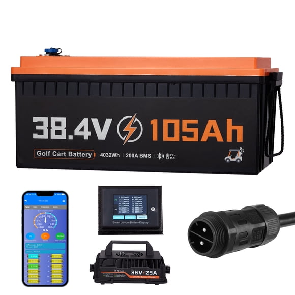 KFFKFF 36V (38.4V) 105AH Lithium Golf Cart Battery, with 25A Charger, Lifepo4 Battery Kit, Built-in 200A BMS, with Bluetooth & Touch Monitor, 2C Discharge, 4000 Cycles